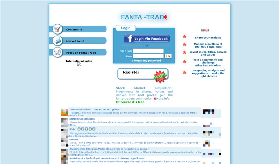 La page d'accueil de Fanta-Trade en 2013