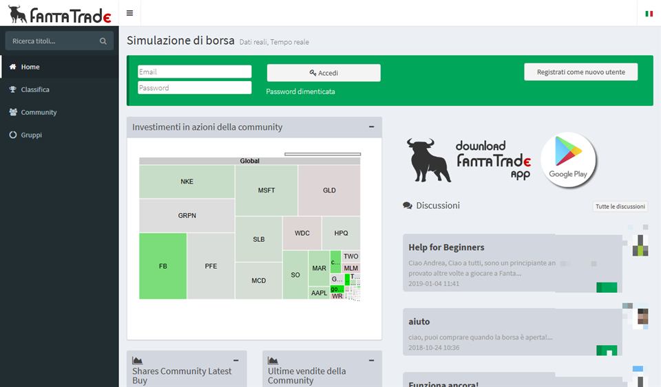 La page d'accueil de Fanta-Trade en 2019